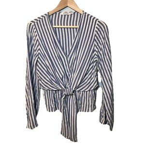 Ark N C. Faux Wrap Tie Top Shirt Women’s S Blue Striped Blouse Vacation Beach